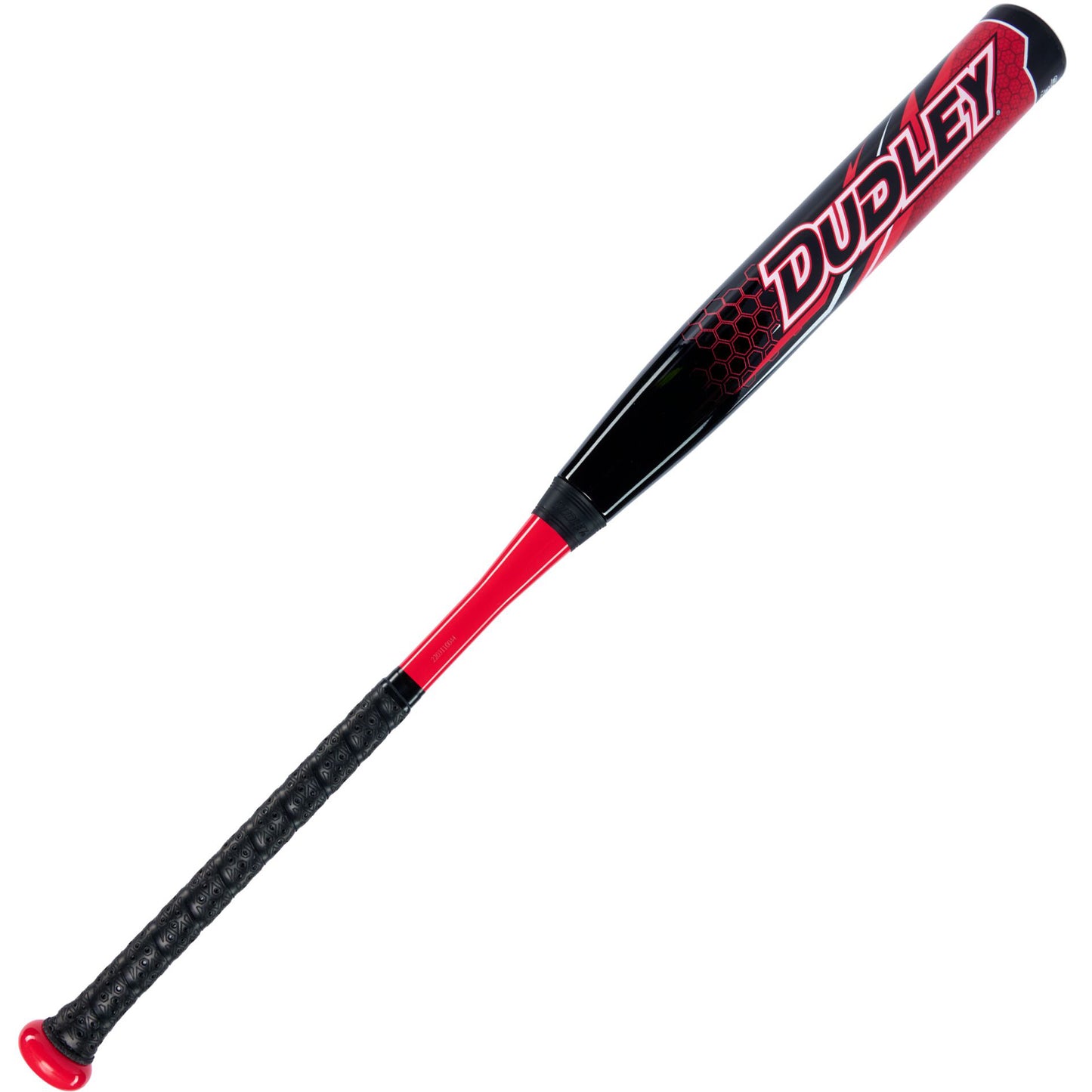 The 2023 Dudley Doom (-11) Fastpitch Softball Bat by Dudley features a black and red design, a textured black grip, bold white and red "Dudley" branding on the barrel, and advanced Soft Shell Technology for enhanced performance.