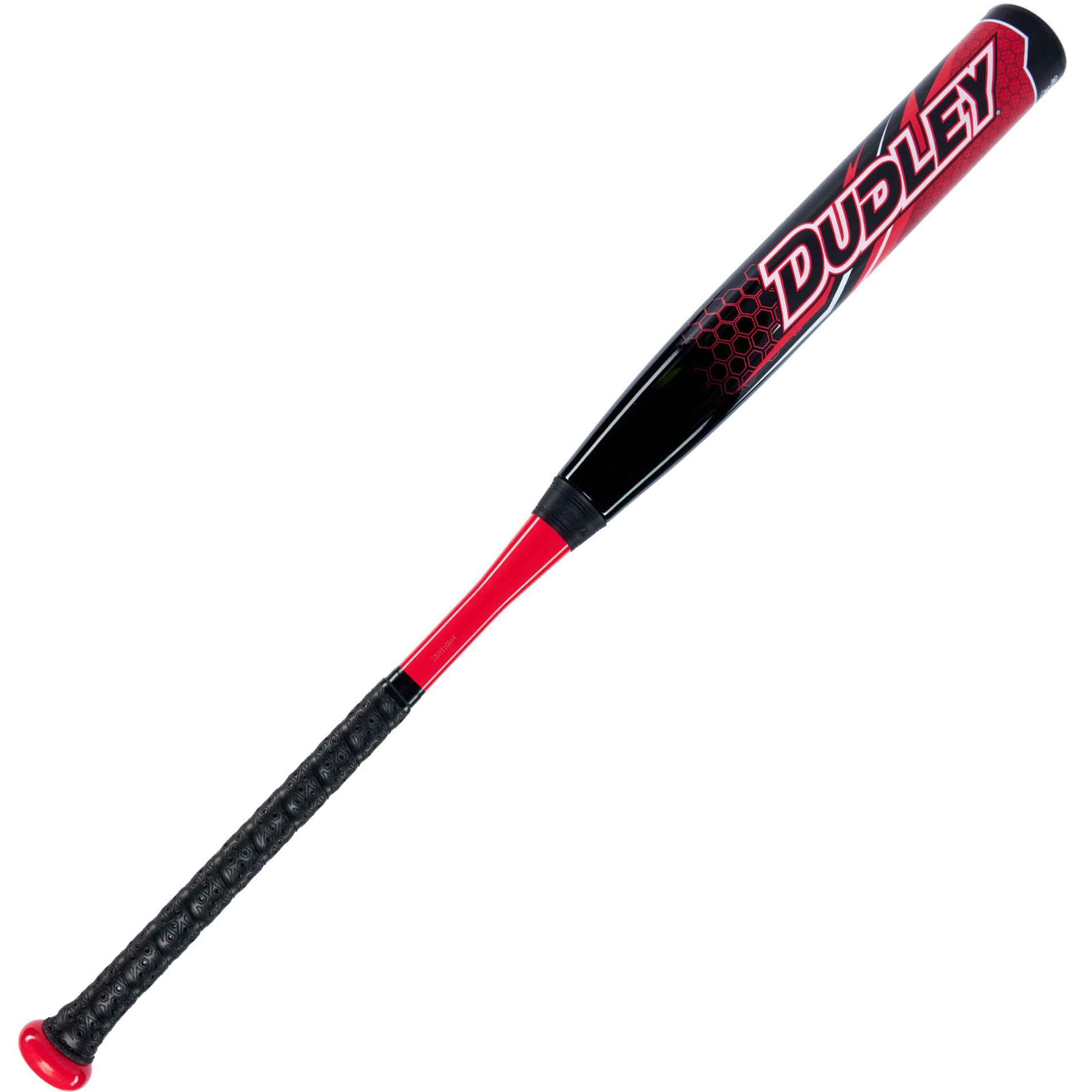 The 2023 Dudley Doom (-11) Fastpitch Softball Bat by Dudley features a black and red design, a textured black grip, bold white and red "Dudley" branding on the barrel, and advanced Soft Shell Technology for enhanced performance.