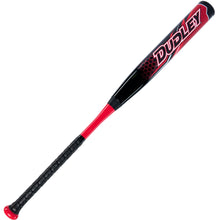The 2023 Dudley Doom (-11) Fastpitch Softball Bat by Dudley features a black and red design, a textured black grip, bold white and red "Dudley" branding on the barrel, and advanced Soft Shell Technology for enhanced performance.