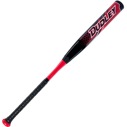 The 2023 Dudley Doom (-11) Fastpitch Softball Bat by Dudley features a black and red design, a textured black grip, bold white and red "Dudley" branding on the barrel, and advanced Soft Shell Technology for enhanced performance.