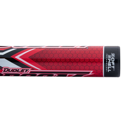 Close-up of a red, black, and silver 2023 Dudley Doom (-11) Fastpitch Softball Bat (DDFP11) featuring a hexagonal pattern, the Dudley logo, and a Soft Shell Technology label on its composite barrel.