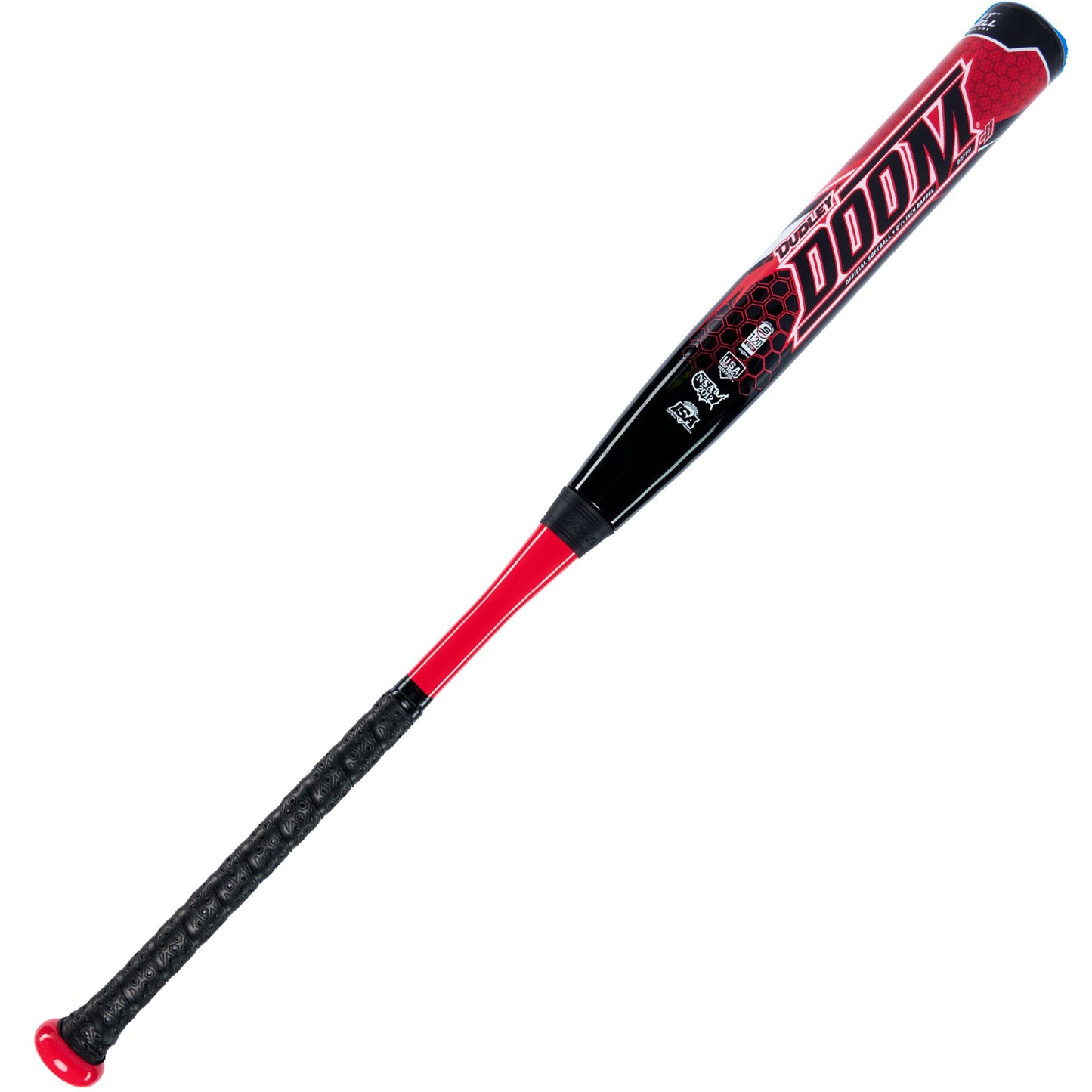 The 2023 Dudley Doom (-11) Fastpitch Softball Bat (DDFP11) by Dudley features a black and red design, textured black grip, red knob, bold barrel graphics, and advanced Soft Shell Technology for top performance and style.