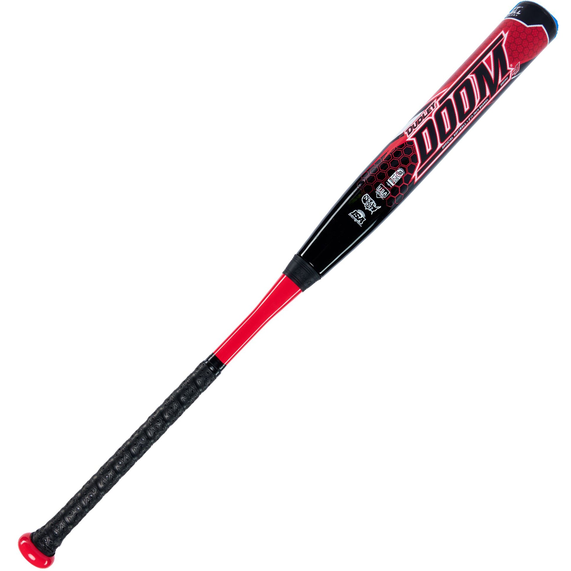 The 2023 Dudley Doom (-11) Fastpitch Softball Bat (DDFP11) by Dudley features a black and red design, textured black grip, red knob, bold barrel graphics, and advanced Soft Shell Technology for top performance and style.