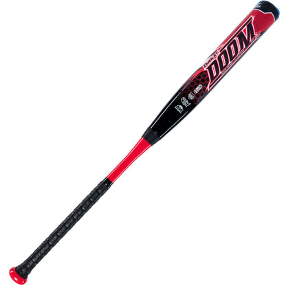 The 2023 Dudley Doom (-11) Fastpitch Softball Bat (DDFP11) by Dudley features a black and red design, textured black grip, red knob, bold barrel graphics, and advanced Soft Shell Technology for top performance and style.