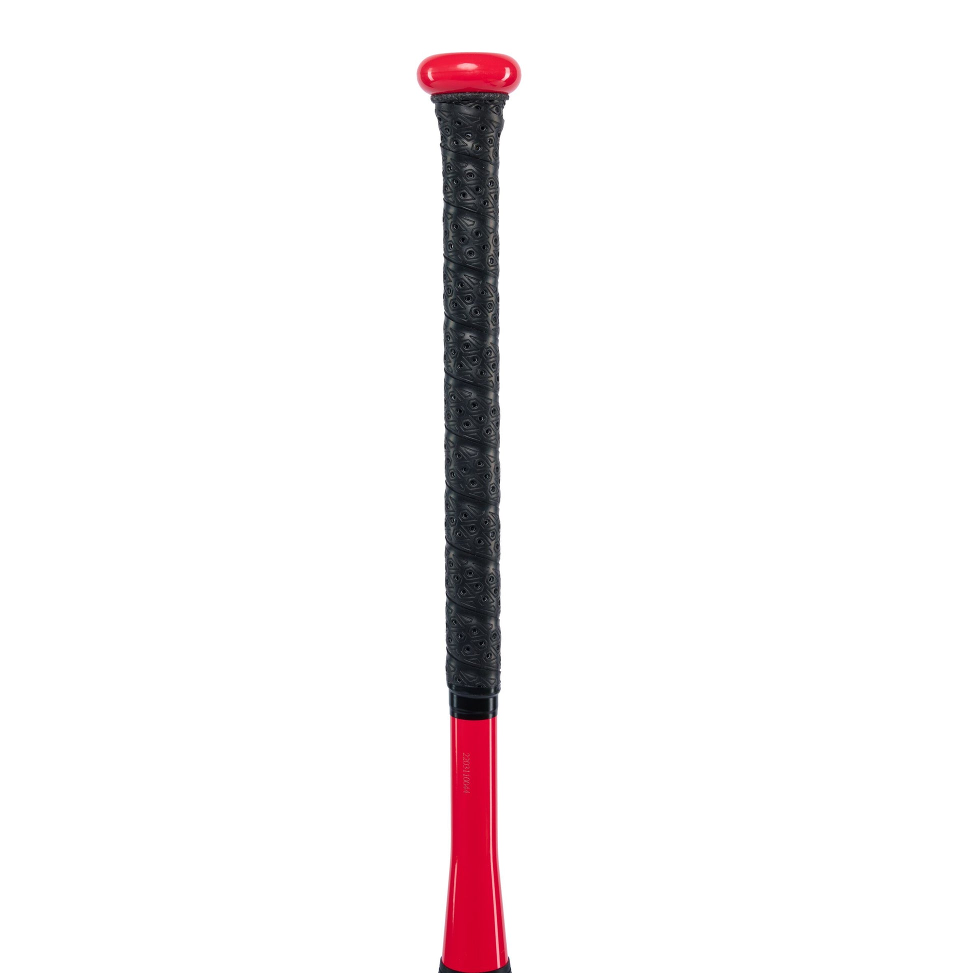 A close-up of the Dudley 2023 Doom (-11) Fastpitch Softball Bat (DDFP11) handle, featuring a textured black grip and a shiny red knob at the top.