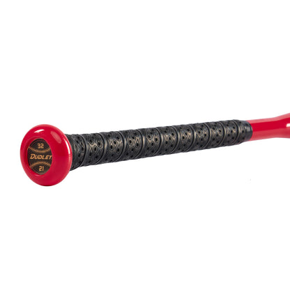 A close-up of the 2023 Dudley Doom (-11) Fastpitch Softball Bat (DDFP11) handle shows its red design, textured black grip, and an end cap marked with "32.
