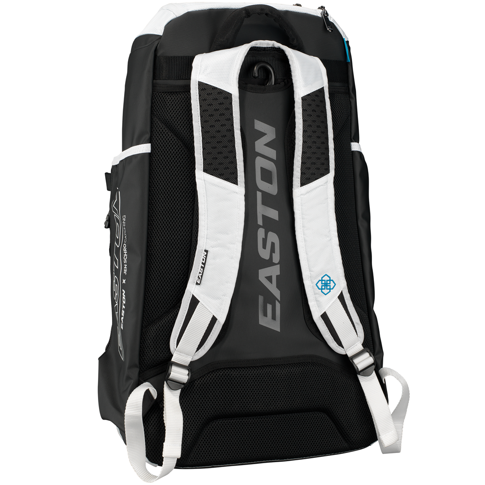 The Easton Jen Schro Catcher's Backpack (8073091 JSCATBP) features padded shoulder straps, mesh side pockets, and "EASTON" branding—perfect for carrying all your catcher’s gear in style.