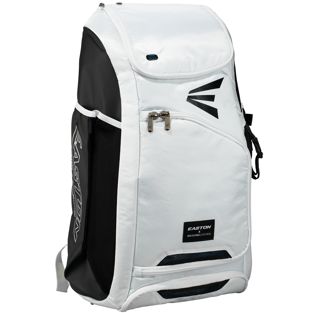The Easton Jen Schro Catcher's Backpack (8073091 JSCATBP) is a stylish white and black gear bag, ideal for carrying all your essential equipment.