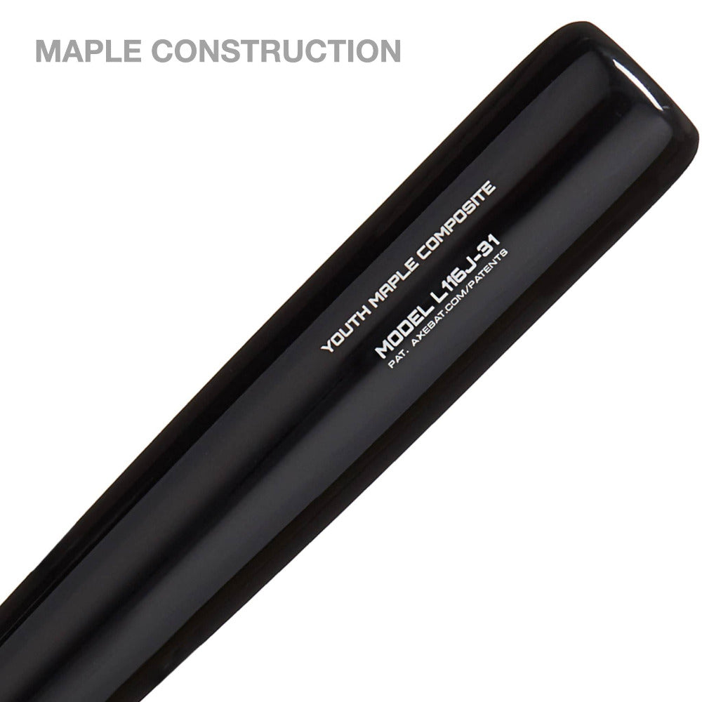 A close-up shows the AXE Pro Maple Youth Wood Baseball Bat: L116J, featuring a big-barrel profile with "MAPLE CONSTRUCTION" and model details printed on its black barrel.