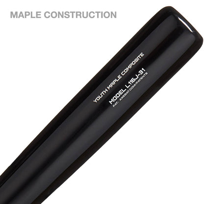 A close-up shows the AXE Pro Maple Youth Wood Baseball Bat: L116J, featuring a big-barrel profile with "MAPLE CONSTRUCTION" and model details printed on its black barrel.