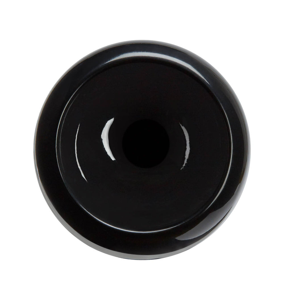 A top-down view of the glossy, black AXE Pro Maple Youth Wood Baseball Bat: L116J by AXE shows a circular shape with a deep central indentation resembling its barrel, with reflective highlights along the curved edges.