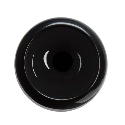 A top-down view of the glossy, black AXE Pro Maple Youth Wood Baseball Bat: L116J by AXE shows a circular shape with a deep central indentation resembling its barrel, with reflective highlights along the curved edges.