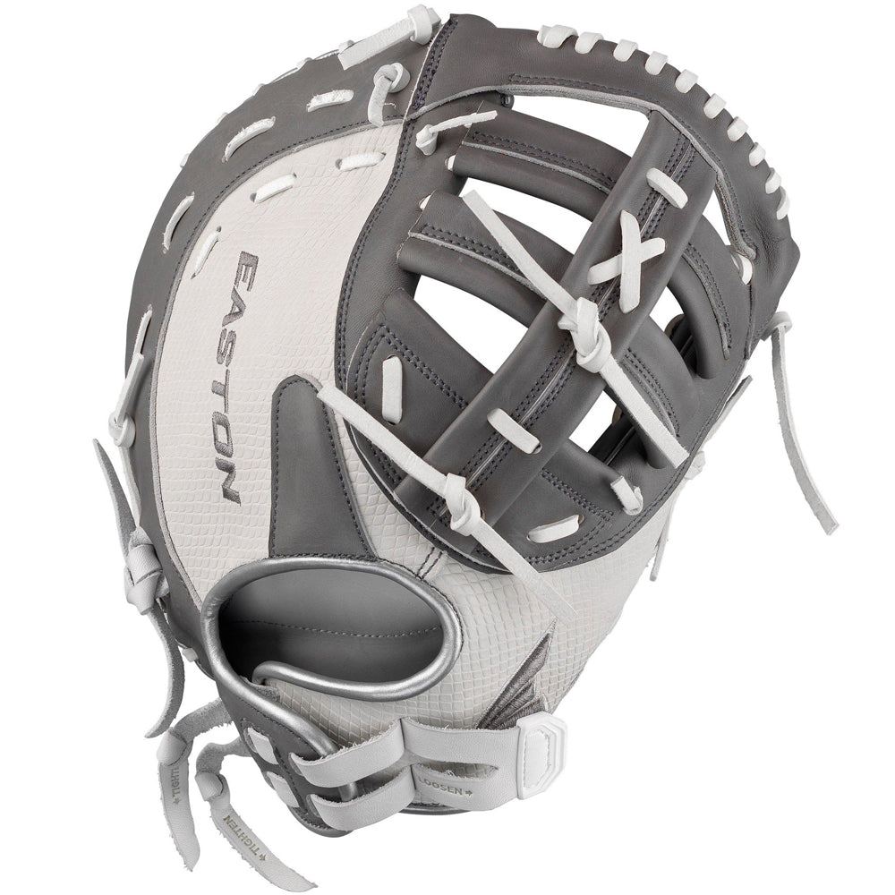 A gray and white Easton Lauren Chamberlain Professional Collection Signature Series 12.5" Fastpitch First Base Mitt (LC44), made from Premium Reserve USA steer hide leather with white laces and open web, shown on a white background.