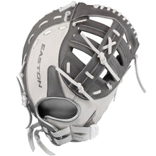 A gray and white Easton Lauren Chamberlain Professional Collection Signature Series 12.5" Fastpitch First Base Mitt (LC44), made from Premium Reserve USA steer hide leather with white laces and open web, shown on a white background.