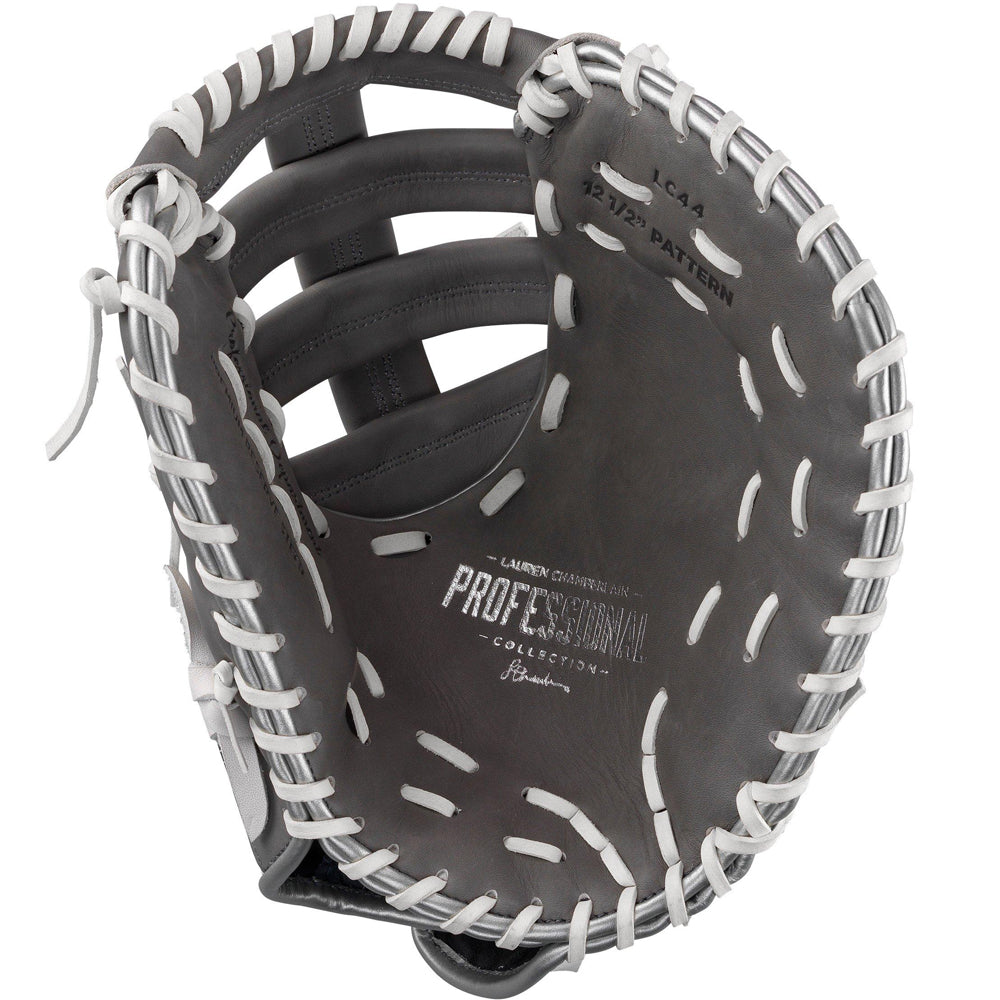 The Easton Lauren Chamberlain Professional Collection Signature Series 12.5" Fastpitch First Base Mitt (LC44) features gray Premium Reserve USA steer hide leather, white laces, curved fingers, detailed stitching, and an open design revealing the inner structure.