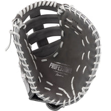 The Easton Lauren Chamberlain Professional Collection Signature Series 12.5" Fastpitch First Base Mitt (LC44) features gray Premium Reserve USA steer hide leather, white laces, curved fingers, detailed stitching, and an open design revealing the inner structure.