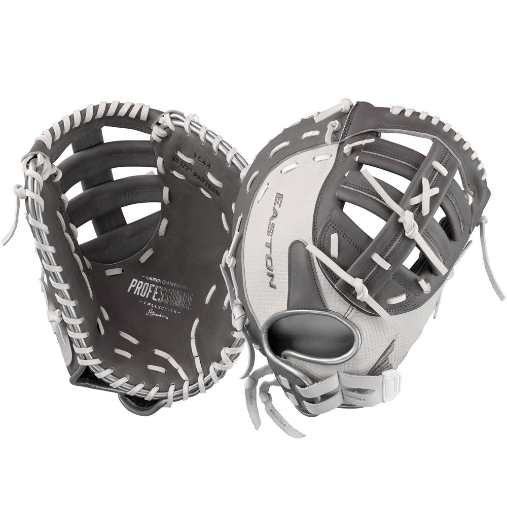 The Easton Lauren Chamberlain Professional Collection Signature Series 12.5" Fastpitch First Base Mitt (LC44) is shown in gray and white from two angles, displaying its pocket, webbing, back, and wrist strap. Crafted with Premium Reserve USA steer hide leather.