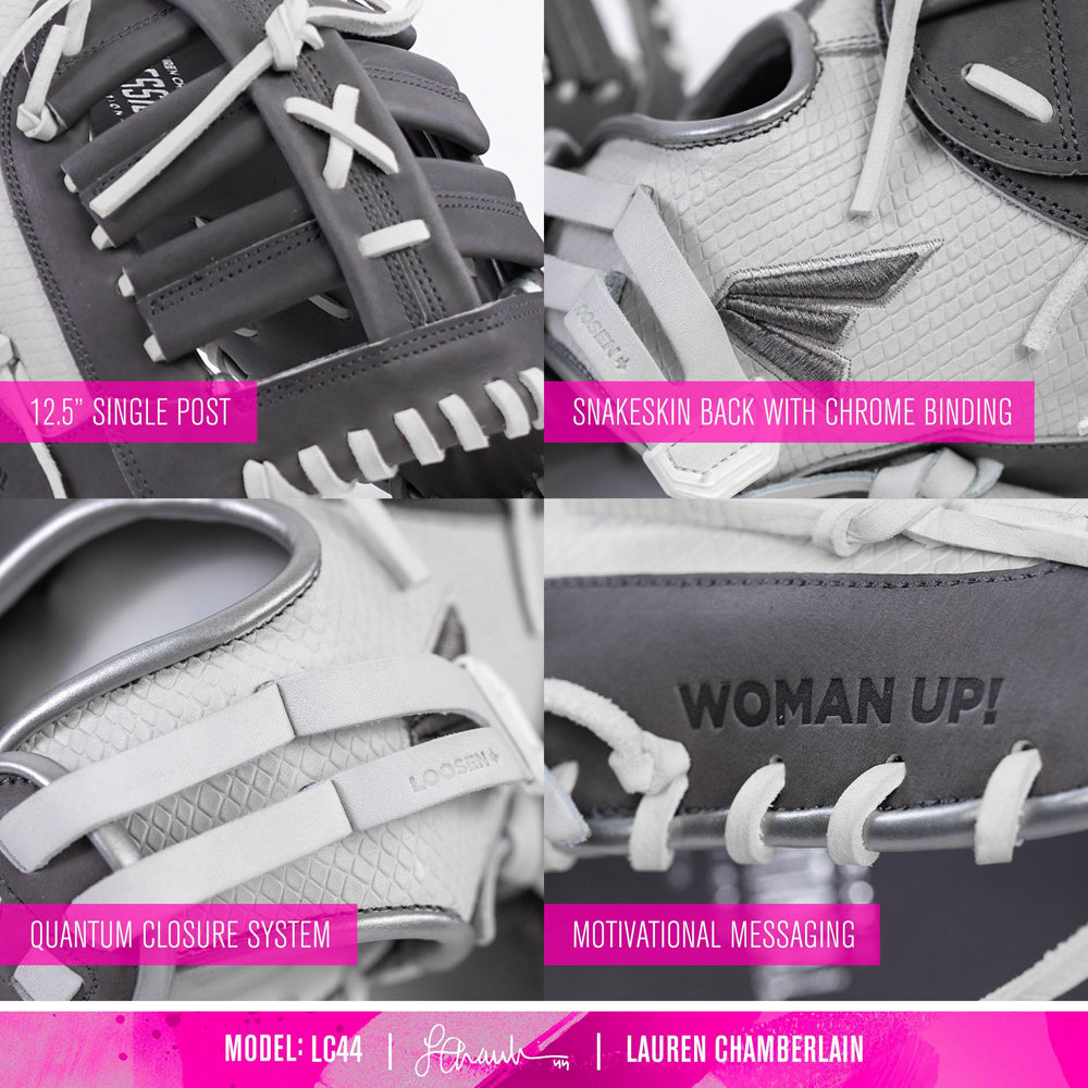 A collage of close-up images displays the Easton Lauren Chamberlain Professional Collection Signature Series 12.5" Fastpitch First Base Mitt (LC44), featuring USA steer hide, a single post, snakeskin back with chrome binding, and WOMAN UP! text.