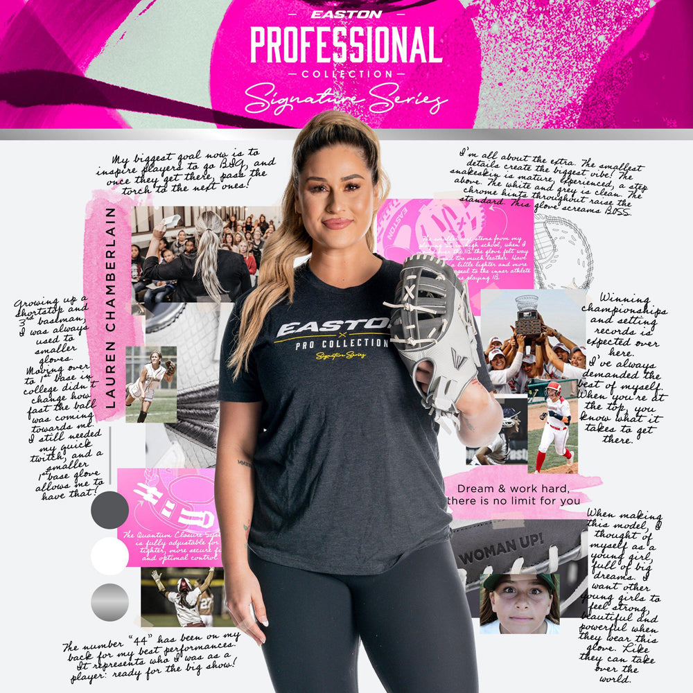 A female softball player in Easton gear holds the Easton Lauren Chamberlain Professional Collection Signature Series 12.5" Fastpitch First Base Mitt: LC44, surrounded by notes, photos, and designs honoring her achievements.