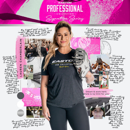 A female softball player in Easton gear holds the Easton Lauren Chamberlain Professional Collection Signature Series 12.5" Fastpitch First Base Mitt: LC44, surrounded by notes, photos, and designs honoring her achievements.