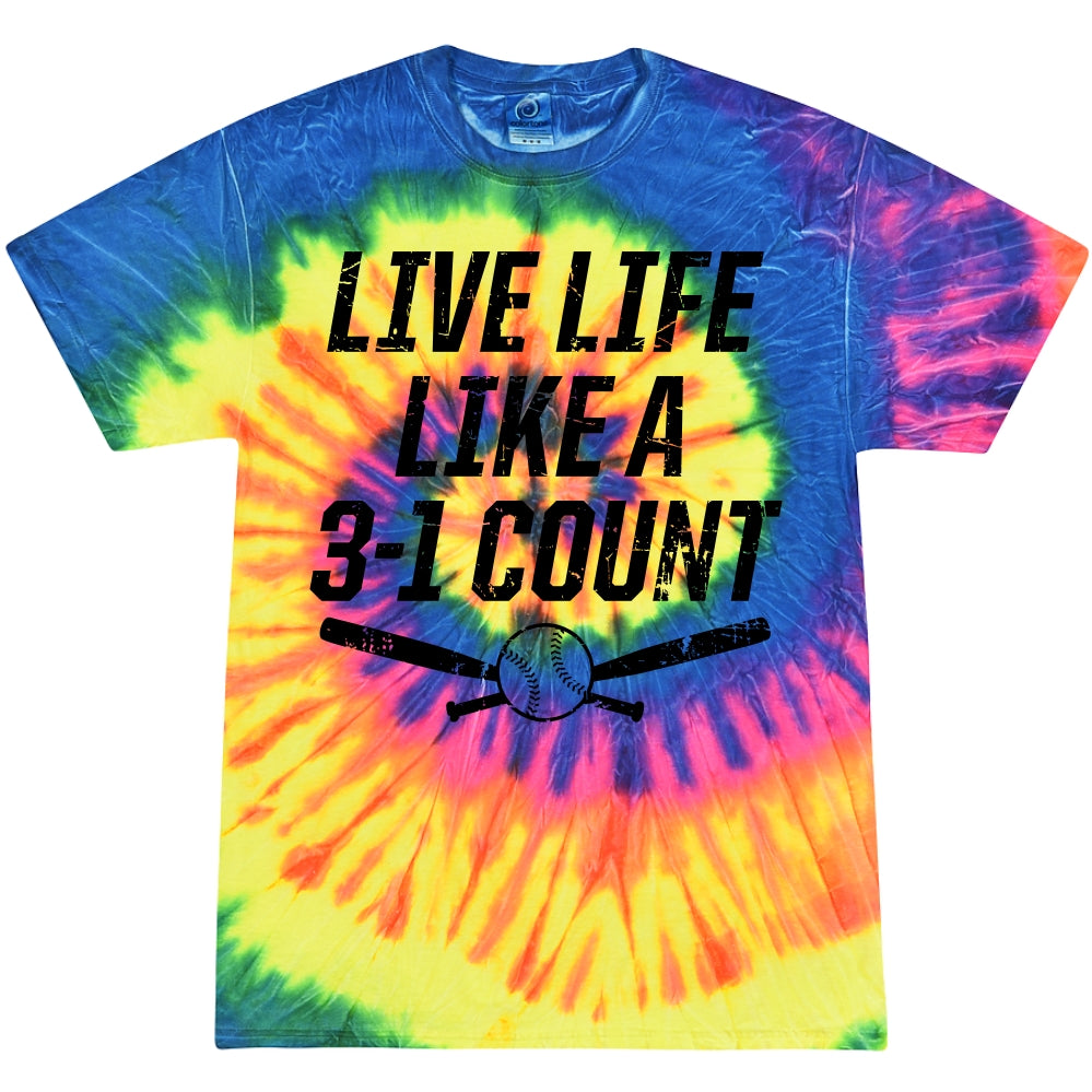 The DSG Apparel Live Life Like 3-1 Count Tie Dye T-Shirt (TD-LIFE31) by DSG Apparel features a colorful tie-dye spiral, "LIVE LIFE LIKE A 3-1 COUNT" in black text above crossed bats and a baseball, plus a durable double-needle hem.