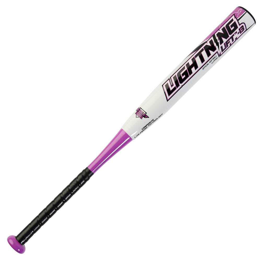 The Dudley Lightning Lift -13 Fastpitch Softball Bat (LLFP132) features a black handle, purple grip end, and white barrel marked "LIGHTNING" with purple and black accents. Its composite technology ensures a lightweight swing. No warranty included.