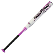 The Dudley Lightning Lift -13 Fastpitch Softball Bat (LLFP132) features a black handle, purple grip end, and white barrel marked "LIGHTNING" with purple and black accents. Its composite technology ensures a lightweight swing. No warranty included.