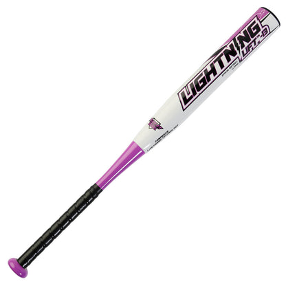 The Dudley Lightning Lift -13 Fastpitch Softball Bat (LLFP132) features a black handle, purple grip end, and white barrel marked "LIGHTNING" with purple and black accents. Its composite technology ensures a lightweight swing. No warranty included.