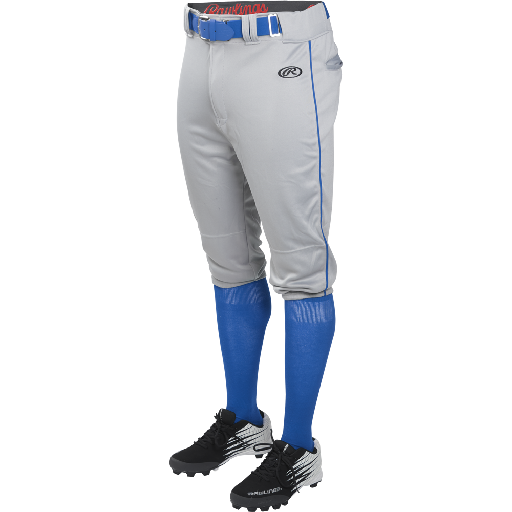 Someone wearing Rawlings Adult Launch Knicker Baseball Pants (Blue Grey/Royal) with blue piping, paired with a blue belt, blue high socks, and black and white cleats. The upper body is not visible.