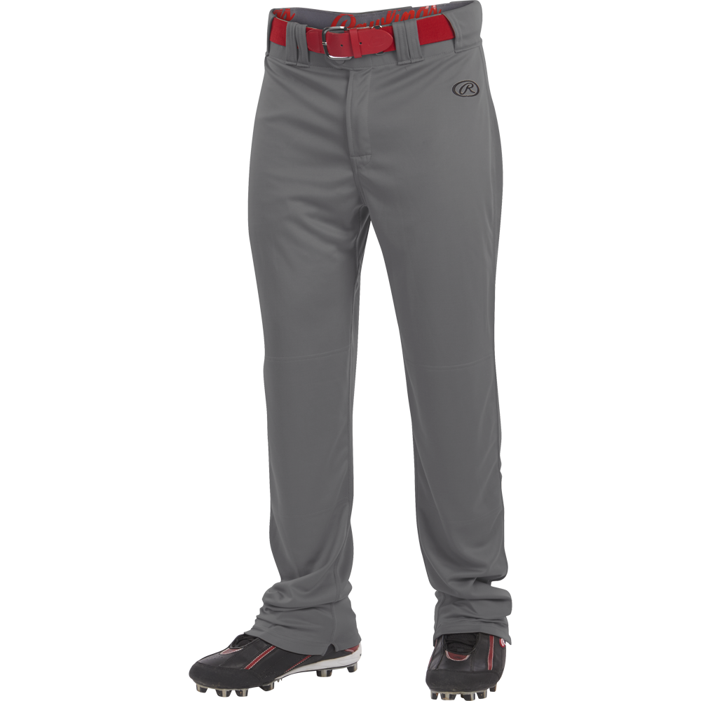 A person wearing Rawlings Adult Launch Semi-Relaxed Baseball Pants (LNCHSR) in gray, featuring a gel grip waistband, paired with a red belt and black cleats with red accents, shown from the waist down against a white background.
