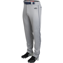 A pair of Rawlings Youth Launch Semi-Relaxed Baseball Pants with navy piping and waistband, shown with black cleats on a white background.