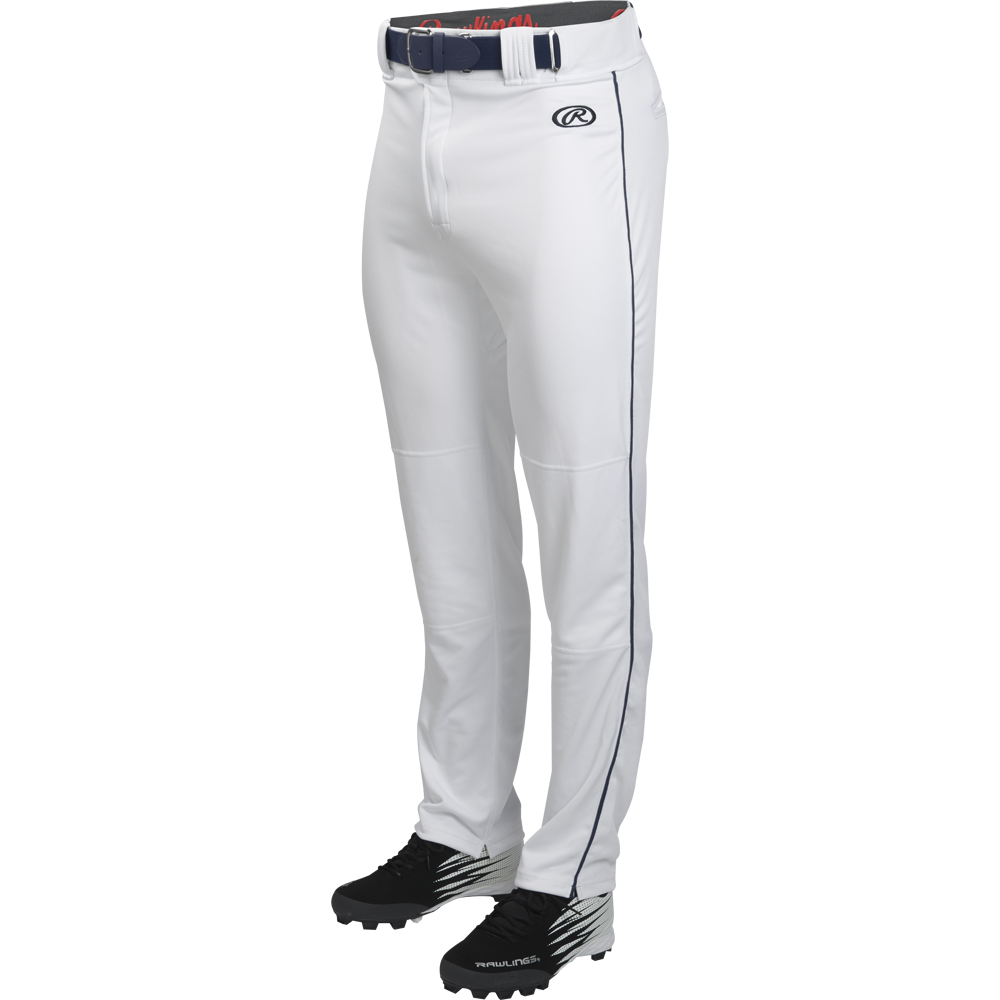 A pair of white Rawlings Youth Launch Semi-Relaxed Baseball Pants with piping (YLNCHSRP), featuring a navy side stripe, black belt, black cleats, and the Rawlings logo on the upper left thigh. Upper body not shown.