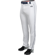 A pair of white Rawlings Youth Launch Semi-Relaxed Baseball Pants with piping (YLNCHSRP), featuring a navy side stripe, black belt, black cleats, and the Rawlings logo on the upper left thigh. Upper body not shown.