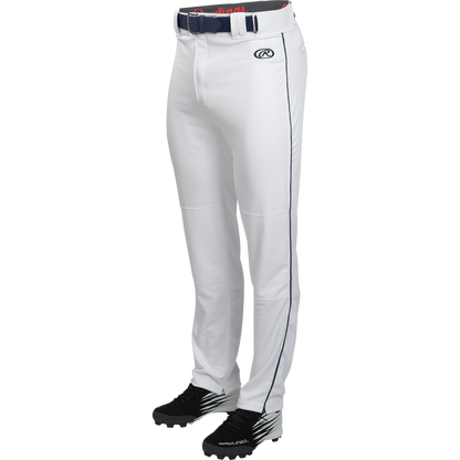 A pair of white Rawlings Youth Launch Semi-Relaxed Baseball Pants with piping (YLNCHSRP), featuring a navy side stripe, black belt, black cleats, and the Rawlings logo on the upper left thigh. Upper body not shown.