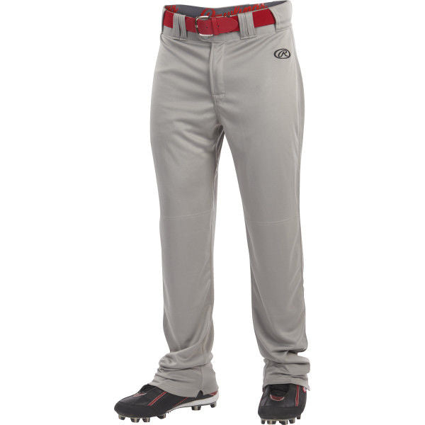 A person wears Rawlings Youth Launch Semi-Relaxed Baseball Pants (YLNCHSR) with a red belt and black cleats, shown from the waist down against a white background.