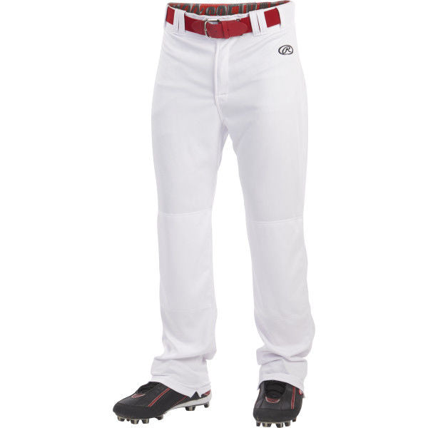 A person wearing Rawlings Youth Launch Semi-Relaxed Baseball Pants (YLNCHSR), paired with a red belt and black cleats with white accents, stands against a plain background. Only the lower body is visible.