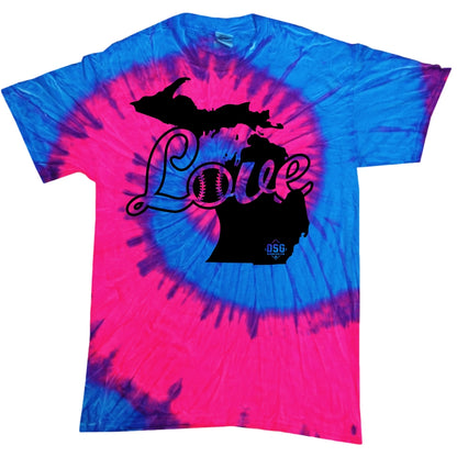 The DSG Apparel Love (Michigan) T-Shirt features a vibrant pink and blue tie dye, a black Michigan map silhouette, and "Love" with a baseball O. Made from pre-shrunk cotton for lasting comfort and fit.