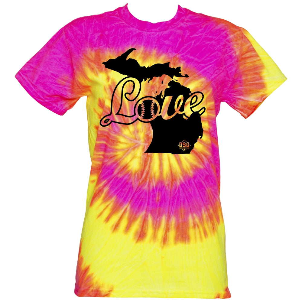 The DSG Apparel Love (Michigan) T-Shirt features a pink, yellow, and orange tie dye design with a black Michigan outline and "Love" softball graphic, made from pre-shrunk cotton by DSG Apparel.