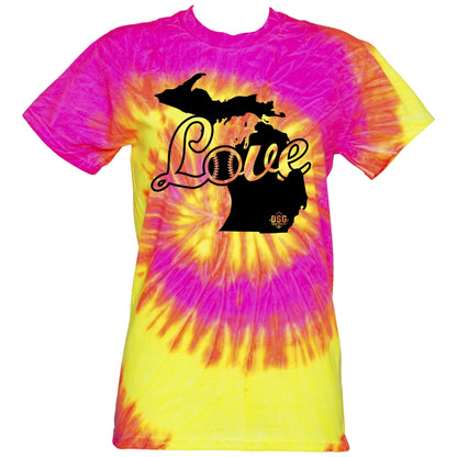 The DSG Apparel Love (Michigan) T-Shirt features a pink, yellow, and orange tie dye design with a black Michigan outline and "Love" softball graphic, made from pre-shrunk cotton by DSG Apparel.