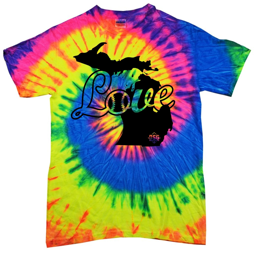 The DSG Apparel Love (Michigan) T-Shirt (DSG-LOVE-MI) by DSG Apparel is a vibrant pre-shrunk cotton tie dye shirt with blue, yellow, pink, and green bursts, featuring a black Michigan silhouette and "Love" in cursive.