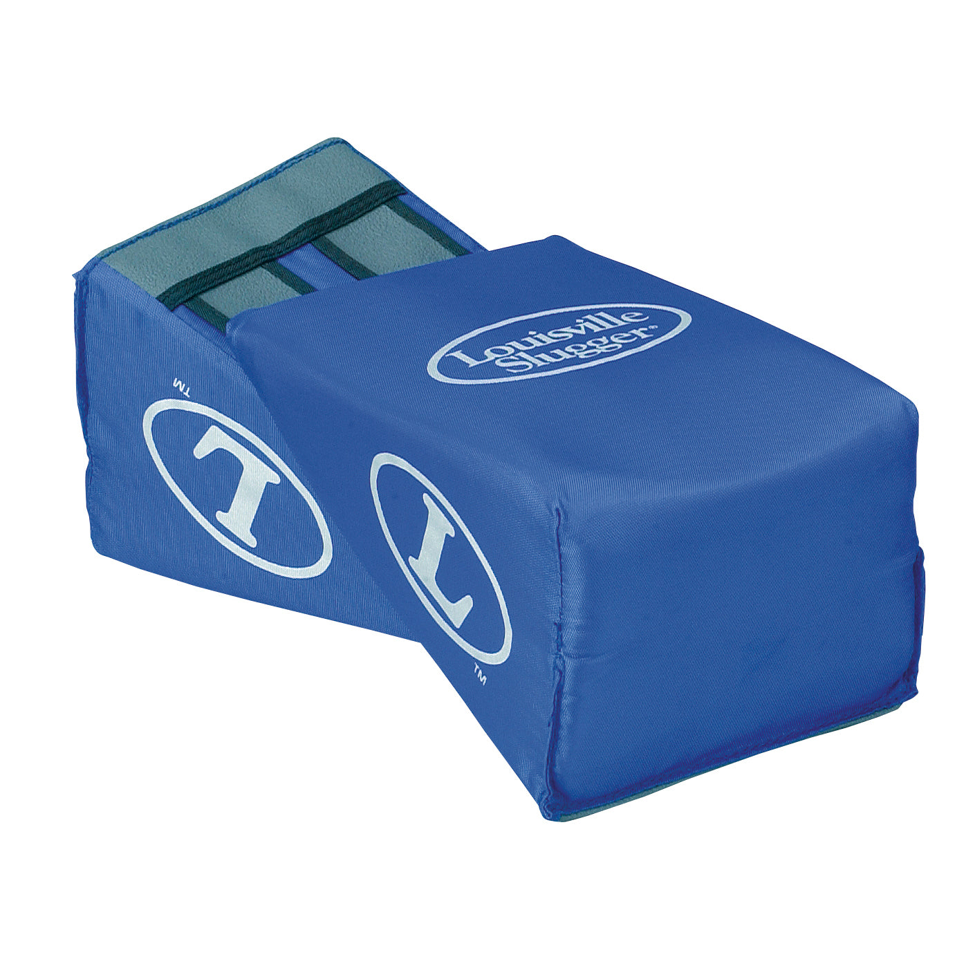 The Louisville Slugger LSKW Catcher's Knee Wedge Supports feature blue padded design, white logos, anatomic pad technology, and adjustable straps for enhanced throwing practice support.