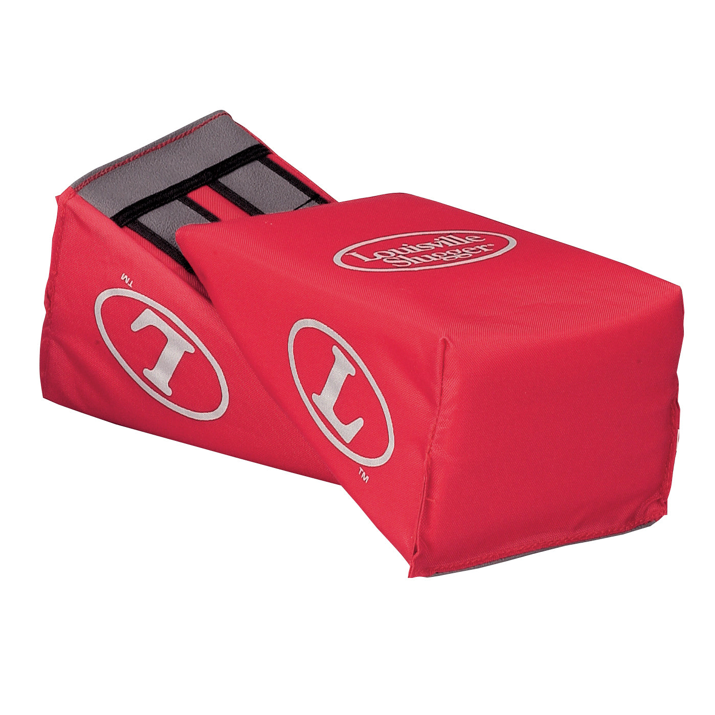 A red, padded Louisville Slugger Catcher's Knee Wedge Support (LSKW) with white branding features adjustable straps to keep knees supported securely for enhanced comfort and stability during play.