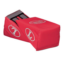 A red, padded Louisville Slugger Catcher's Knee Wedge Support (LSKW) with white branding features adjustable straps to keep knees supported securely for enhanced comfort and stability during play.