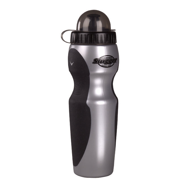 The Louisville Slugger 24 oz Water Bottle features silver metal, black V Grip Technology panels for comfort, a black screw-on loop lid, curved ergonomic design, and prominent Louisville Slugger branding on the front.