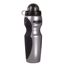 The Louisville Slugger 24 oz Water Bottle features silver metal, black V Grip Technology panels for comfort, a black screw-on loop lid, curved ergonomic design, and prominent Louisville Slugger branding on the front.