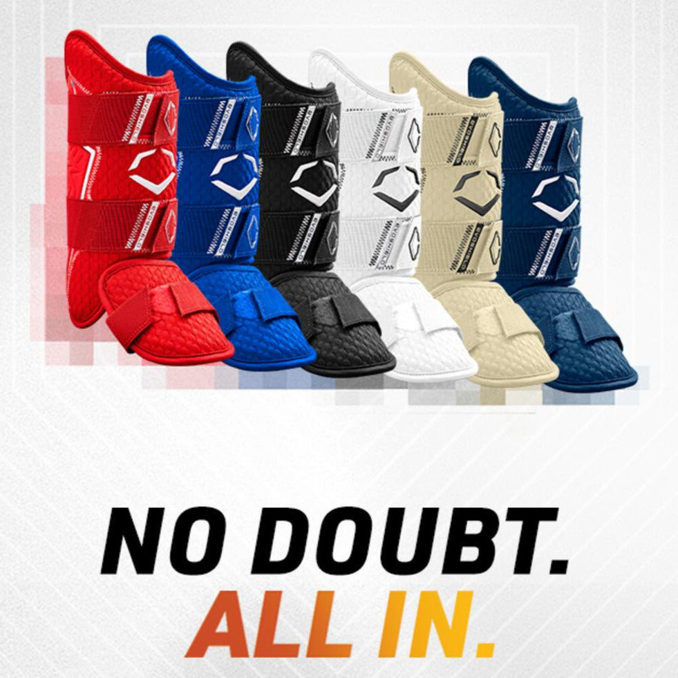Six EvoShield PRO-SRZ 2.0 Batter's Leg Guards are displayed in red, navy, black, white, beige, and blue. Below them, bold text says “NO DOUBT. ALL IN.” with “ALL IN.” highlighted in orange and yellow.
