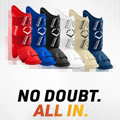 Six EvoShield PRO-SRZ 2.0 Batter's Leg Guards are displayed in red, navy, black, white, beige, and blue. Below them, bold text says “NO DOUBT. ALL IN.” with “ALL IN.” highlighted in orange and yellow.