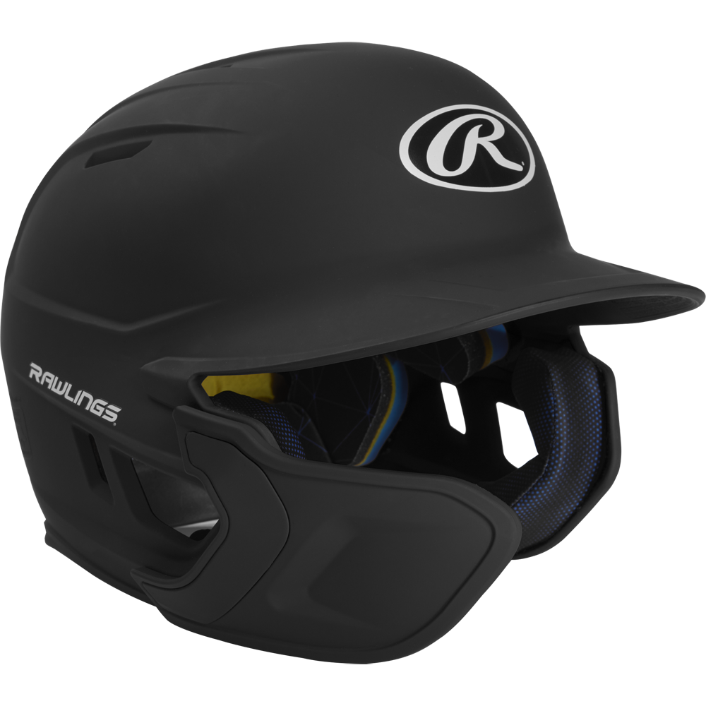 A black Rawlings Mach Matte Batting Helmet with EXT flap (MACHEXT), featuring a protective face guard, padded interior, and Rawlings logos on the front and side, displayed on a plain white background.