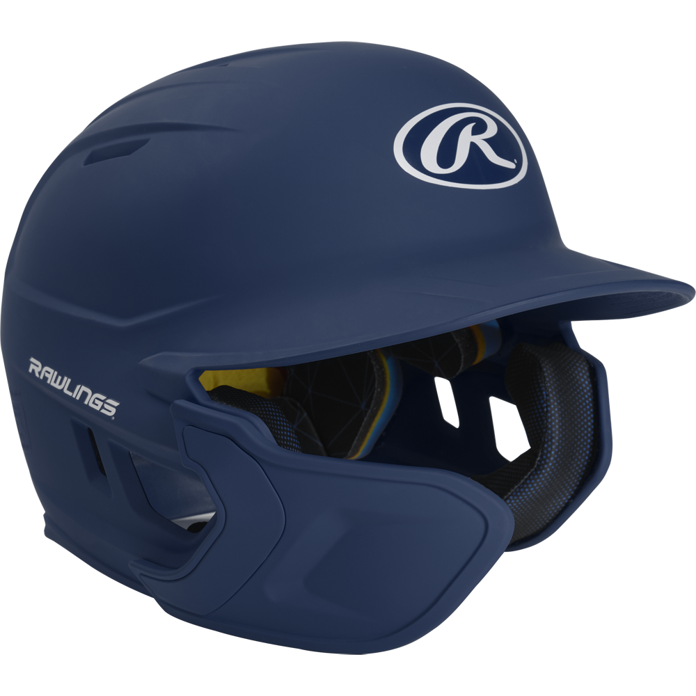 A Rawlings Mach Matte Batting Helmet with EXT Flap (MACHEXT) in dark blue, featuring the Rawlings logo in white on the front and side, plus interior padding visible from the open face area.