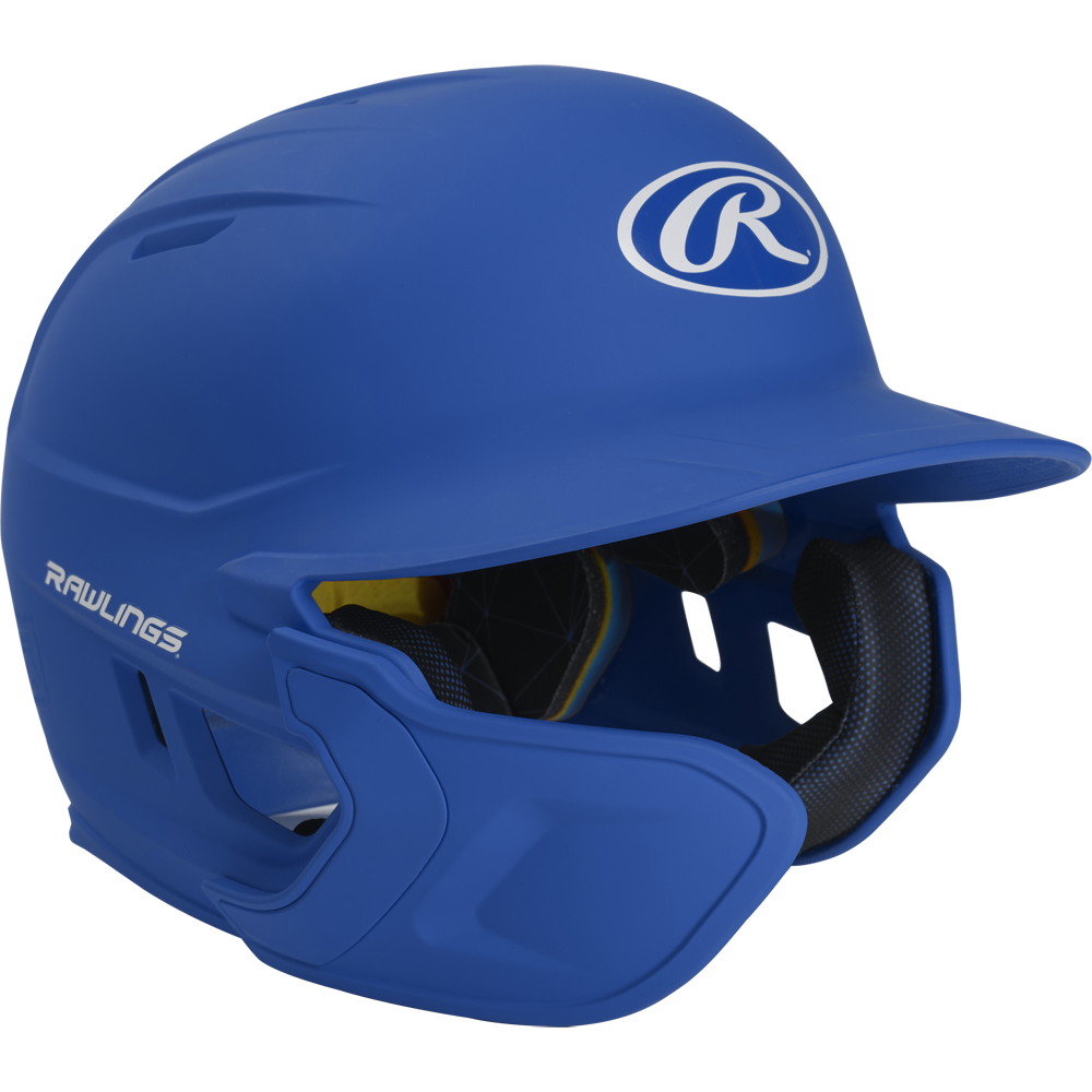 A vibrant blue Rawlings Mach Matte Batting Helmet with EXT Flap (MACHEXT) features a protective face guard, black interior padding, and the Rawlings logo on the front and side.